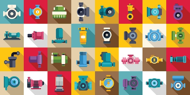 Water circulation pump icons set vector A collection of different types of pipes and valves