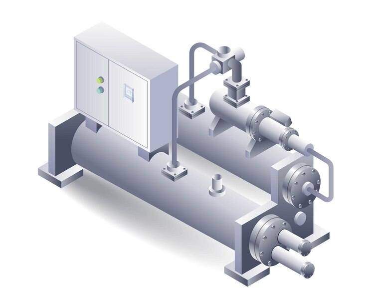 Vector water cooled machine construction flat isometric system 3d illustration