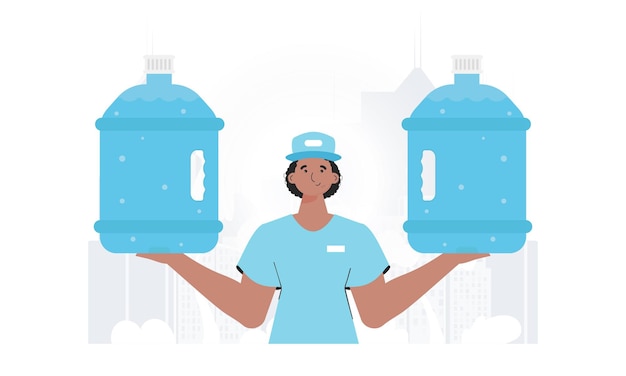 Water delivery concept The man is holding a large water bottle Cartoon style character is depicted to the waist Vector