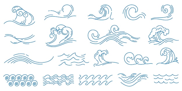 Water line waves Sea wave with splashes blue ocean wavy decorative shapes Water linear marine decoration Abstract aqua liquid flow simple graphics nautical oceanic surf symbols vector set