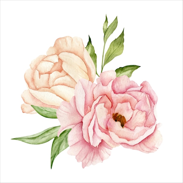 Watercolor bouquet of pink peonies and leaves