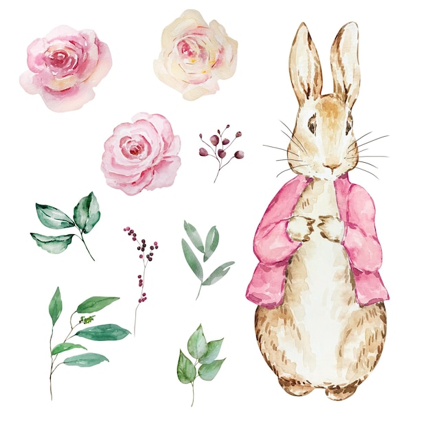 Watercolor cute rabbit with flowers