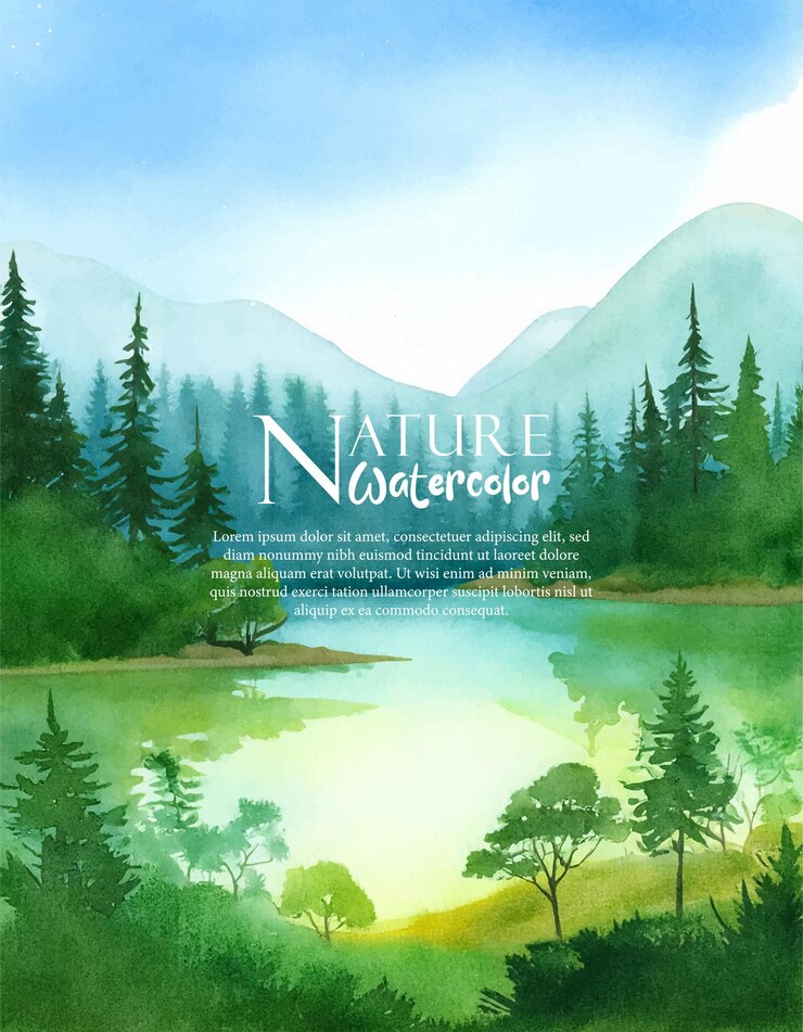 Watercolor forest landscape background Beautiful watercolor nature landscape with lake mountain