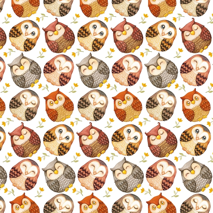 Vector watercolor high quality cute owls seamless pattern