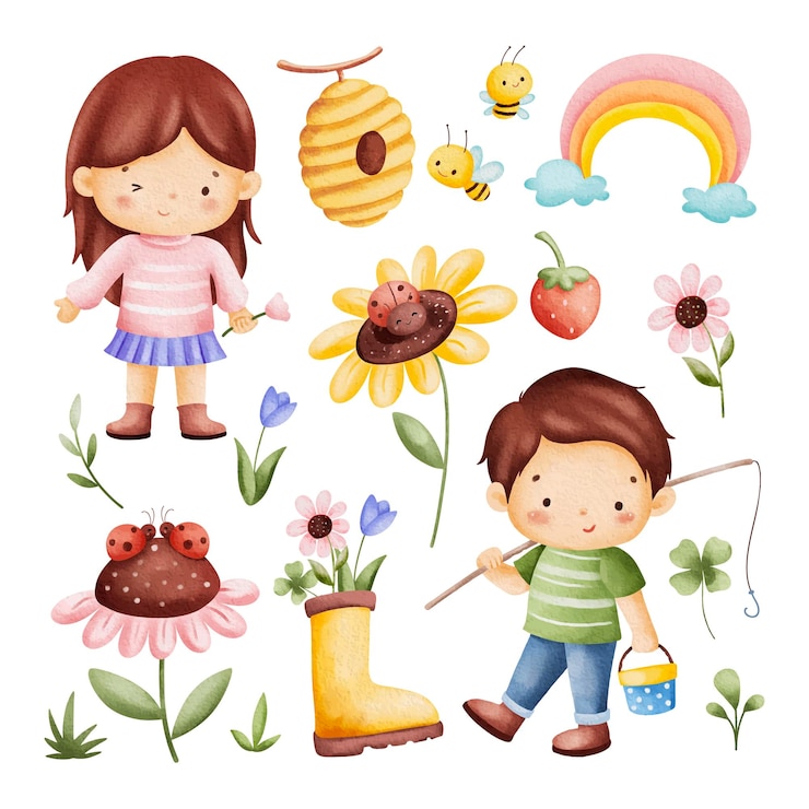 Vector watercolor illustration set of kids and spring elements clipart