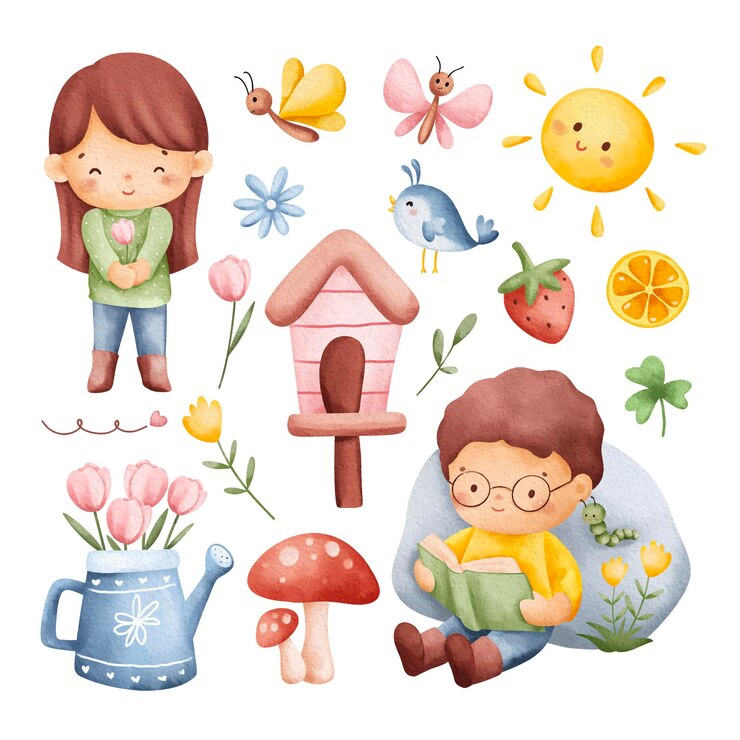 Vector watercolor illustration set of kids and spring elements clipart