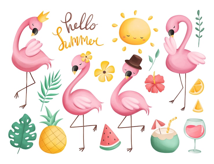Vector watercolor illustration set of pink flamingos and summer elements