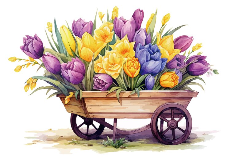 Vector watercolor of wooden barrow with full of flowers