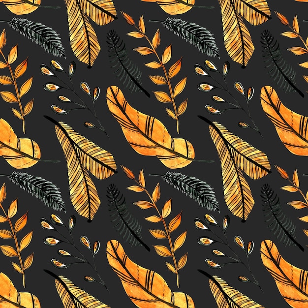 watercolor seamless pattern with orange and black leaves on the dark black background winter floral