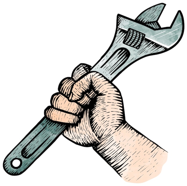 Watercolor style hand holding adjustable wrench wood engraving drawing
