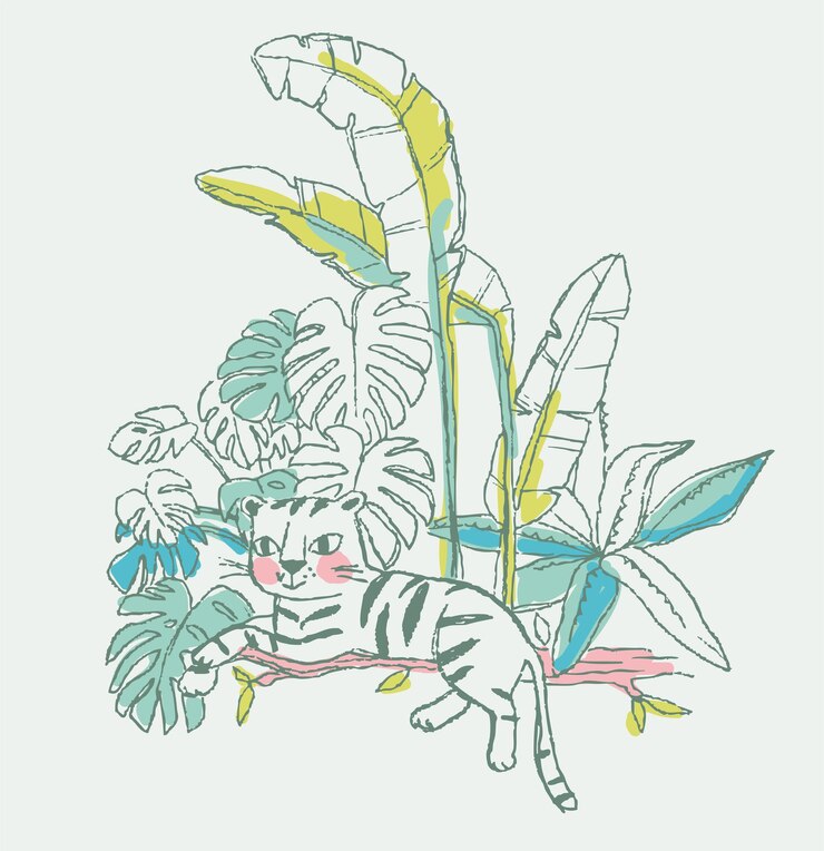 Vector watercolor tiger with plants illustration