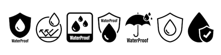 Waterproof icons Water Proof Collection of water resistant signs Water protection liquid proof protection Shield with water drop Anti wetting material hydrophobic fabric surface protection
