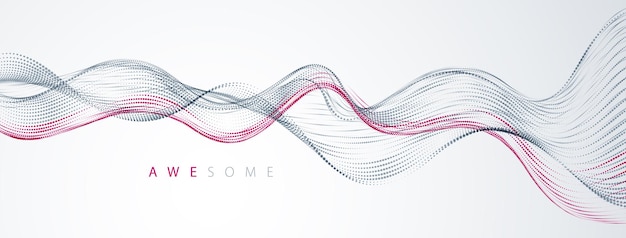 Wave line of flowing particles abstract vector background, smooth curvy shape dots fluid array. 3d shape dots blended mesh, future technology relaxing wallpaper.