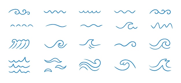 Wave sea line doodle icon set Hand drawn sketch water wave outline Simple curve scribble aqua flow Isolated