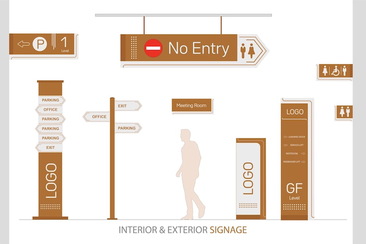 Vector wayfinding system signage mockup set direction signs exterior and interior way finding design