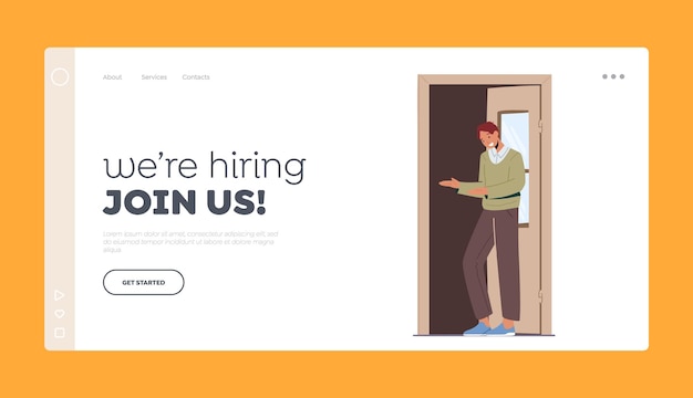 we are hiring join us landing page template friendly male character invite into open door man showing invitation gesture stand at doorway hiring to team cartoon people vector illustration