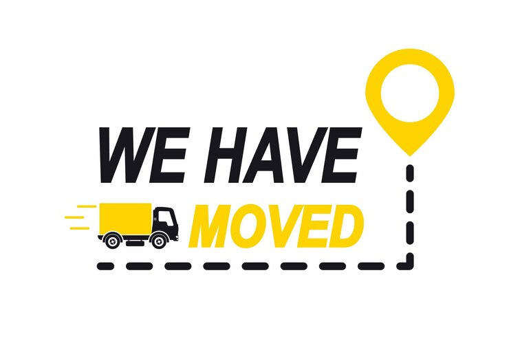We have moved, changed address. Map location pointer. We've moved. Truck with location mark. Changed address navigation. Concept of locator land mark like ecommerce delivery or transfer label