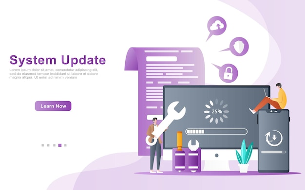 web and application development team and programmers perform system updates illustration