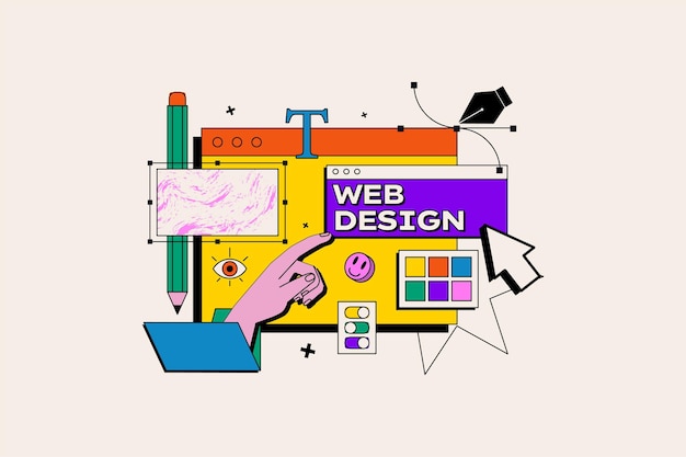 Web design concept in the flat cartoon style Creative colorful illustration representing web design