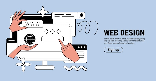 Web design Landing page Digital computer marketing UX UI website Internet engineer characters Hands and monitor Web application Browser creating Vector online banner template