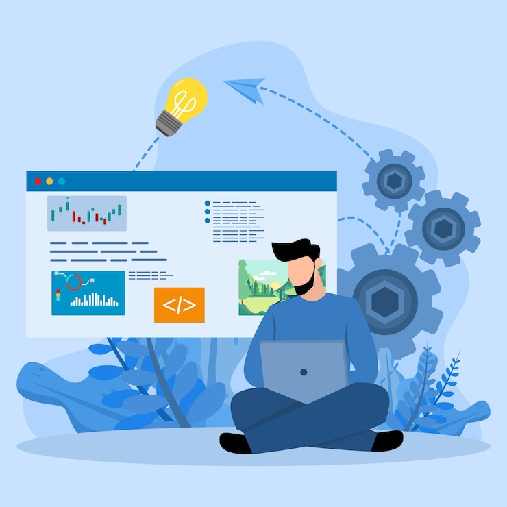 Vector web developer job concept, freelance worker,a man sitting and working with his laptop, website,