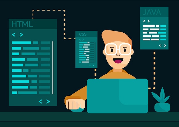 Web developer with computer vector concept illustration
