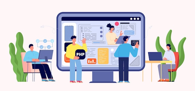 web developers and users programmers create site page and design man and woman using internet services cloud workers technology progress vector metaphor