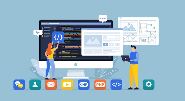 Web Development and Programming Conceptual illustration with developers working on a project