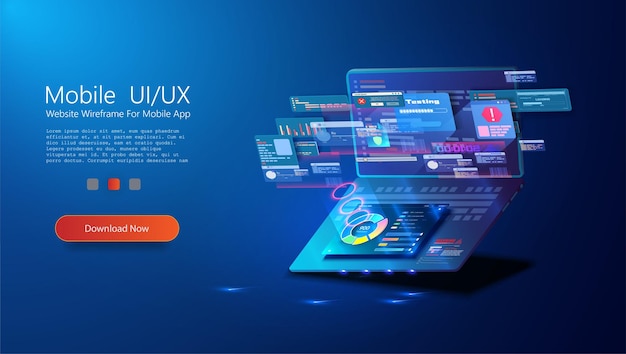 web development application design coding and programming on laptop on isolated background adaptive layout internet page or web interface on screen programming crossplatform code testing vector
