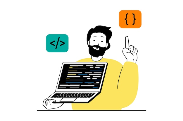 Web development concept with people scene in flat design Man creating programming code for constructing homepage ui layout at laptop Vector illustration for social media banner marketing material
