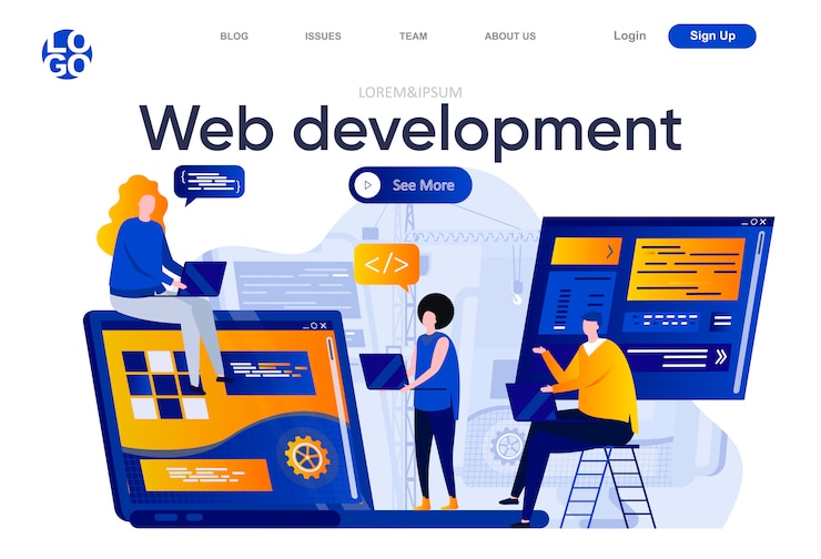 Vector web development flat landing page. creative team of designers and developers work together illustration. full stack development, software engineering web page composition with people characters