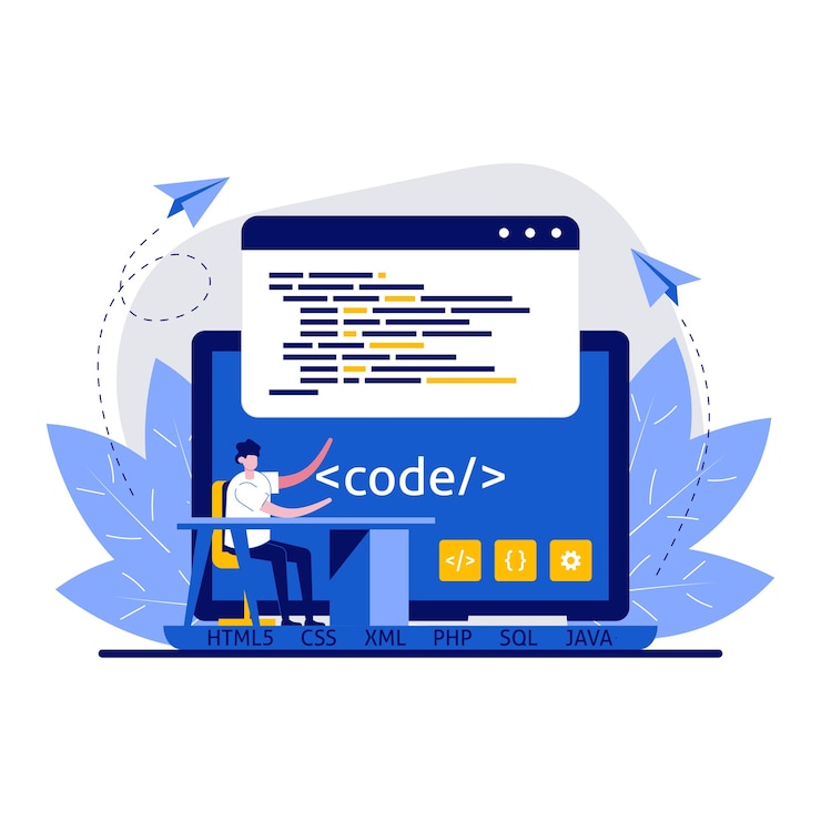 Vector web development, programming and coding concept with character.