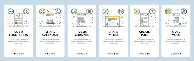 Website and mobile app onboarding screens Menu banner vector template for web site and application development Internet connection share media public chanel share calendar Thin line flat style