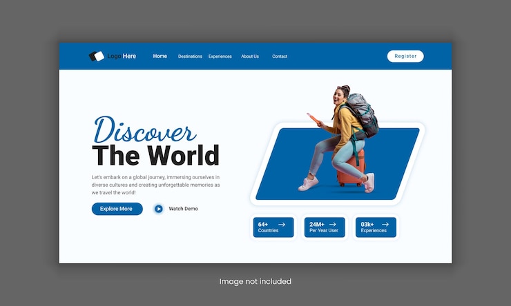 Vector website header design for a travel agency or travel landing page template hero section for travel