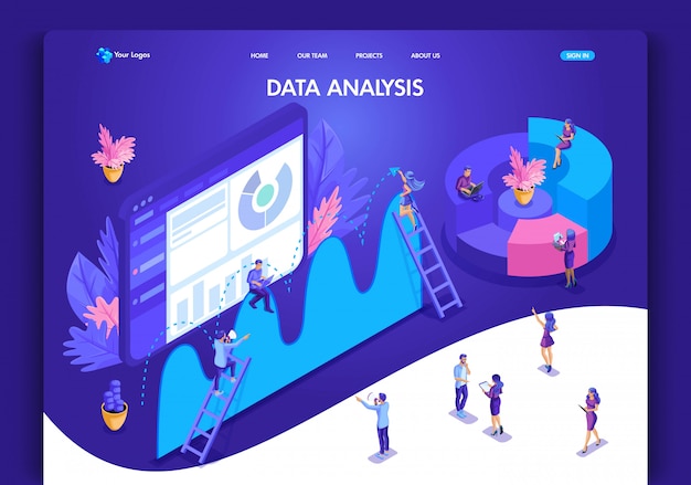 Website template . Isometric concept for landing page. Data analysis concept with characters. Easy to edit and customize, ui ux