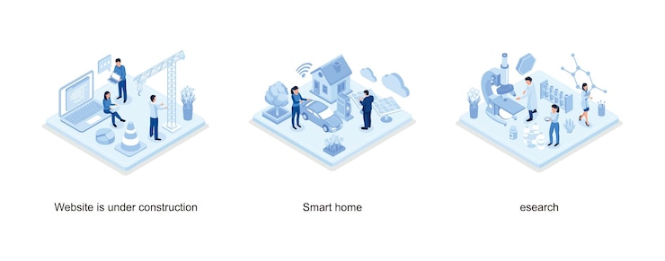Vector website under construction concept with characters, smart house with solar panel and electric car,