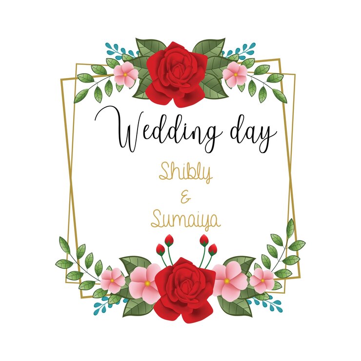 Wedding day card with a gold frame and blue flowers