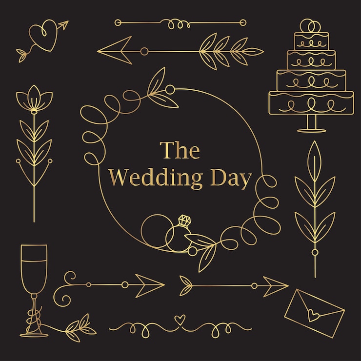 Wedding day Hand drawn gold elements for wedding design Frames arrows rings and cake