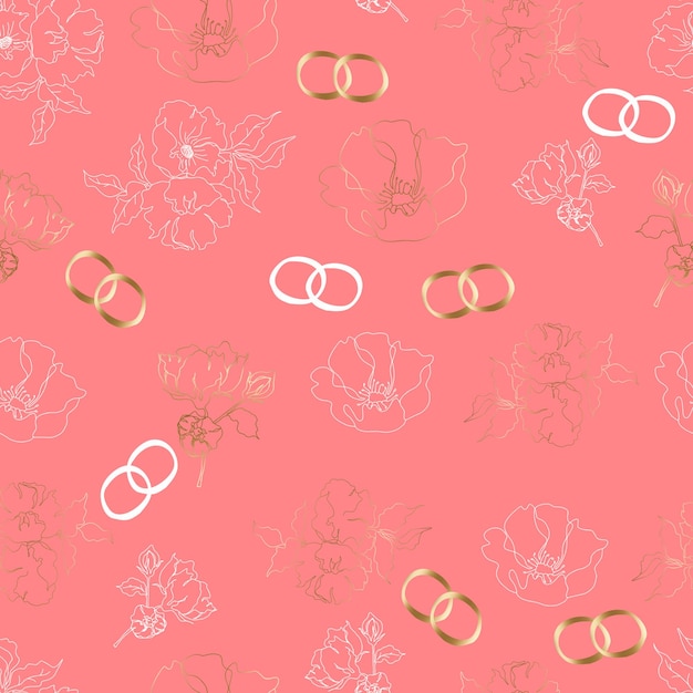 Wedding floristic vector seamless pattern with flowers and rings For wrapping paper invitations and greetings