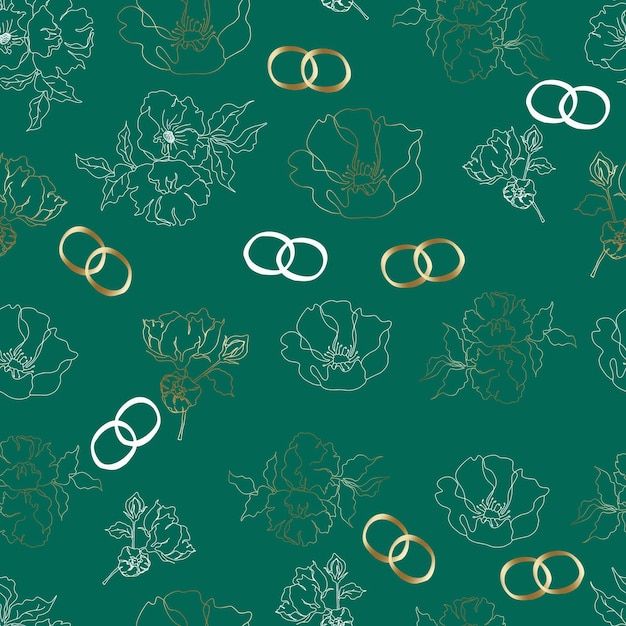Wedding floristic vector seamless pattern with flowers and rings For wrapping paper invitations and greetings