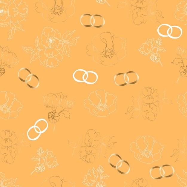 Wedding floristic vector seamless pattern with flowers and rings For wrapping paper invitations and greetings