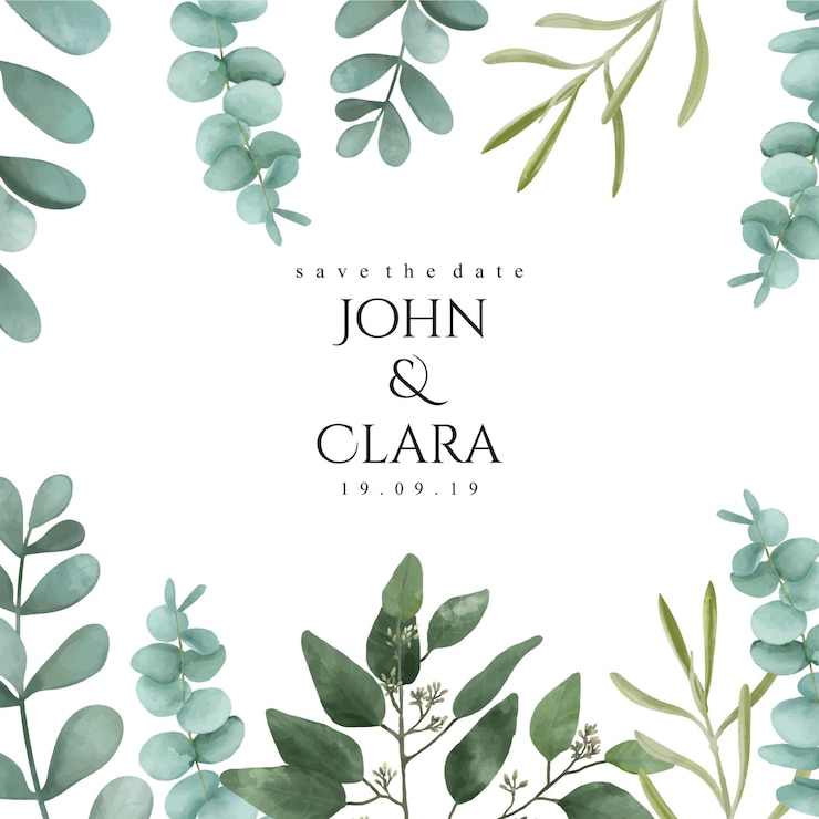 Vector wedding invitation with watercolor leaves