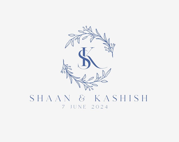 Vector wedding logo wreath vector design royal style blue color illustration monogram crest design
