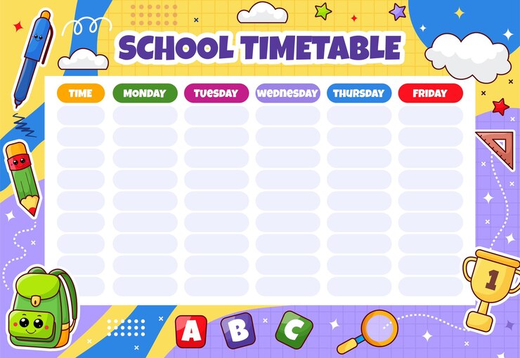 Vector weekly school planner timetable for kid printable cute school schedule