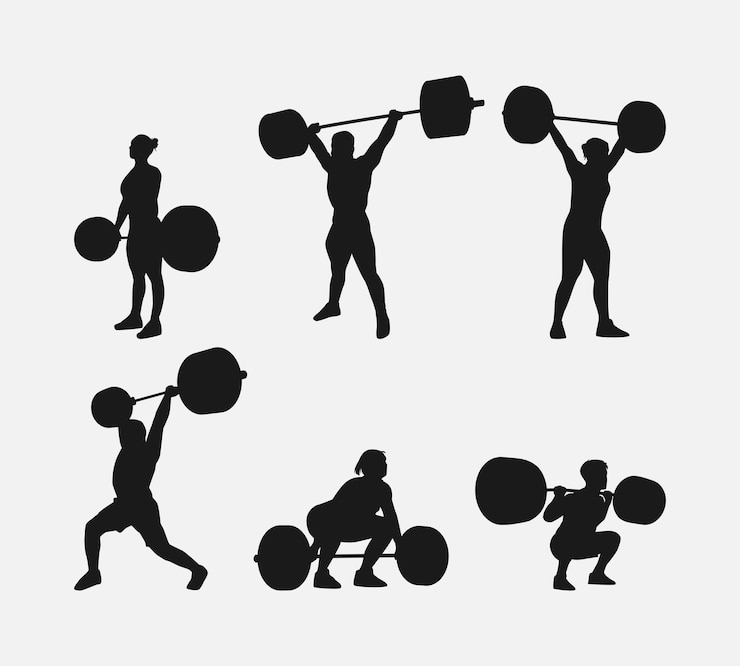 Vector weightlifting silhouette set male and female athlete weightlifter sport isolated background