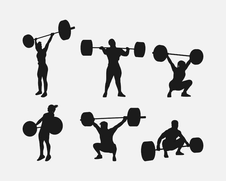 Vector weightlifting silhouette set male and female athlete weightlifter sport isolated background