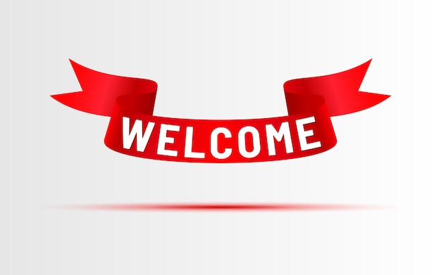 welcome red ribbon satin banner logo greeting flat retro vintage tape sign welcoming opening event message poster festive greeting card party invitation hello paper element holiday decor isolated