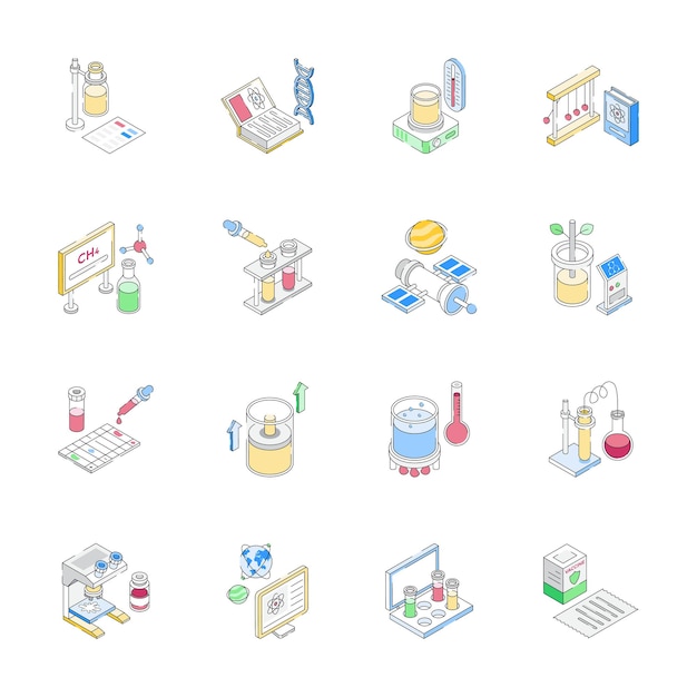 Well crafted pack of lab research and science study isometric icons