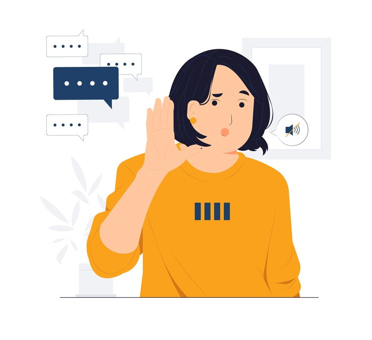 Vector what i don39t hear you woman standing with hand near ear and listening to whisper difficult to understand quiet talk hearing curiosity gossip deafness pay attention concept illustration