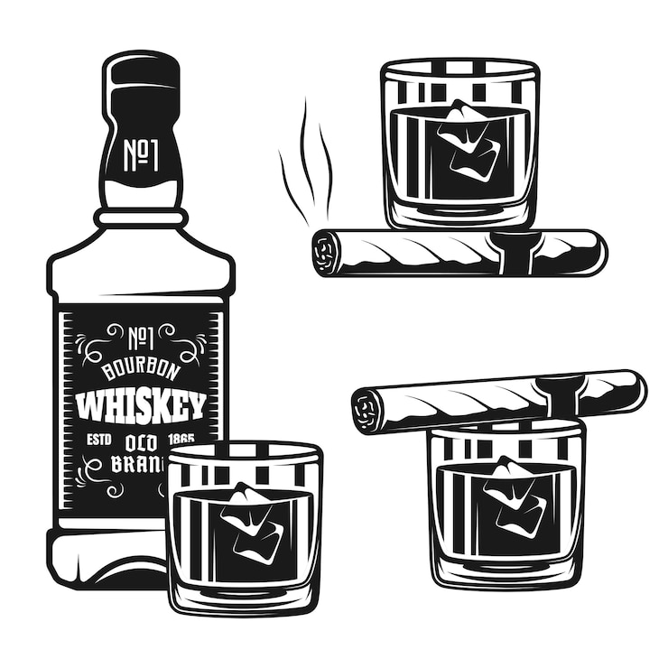 Whiskey bottle with glass and cigar vector black objects or design elements isolated on white background